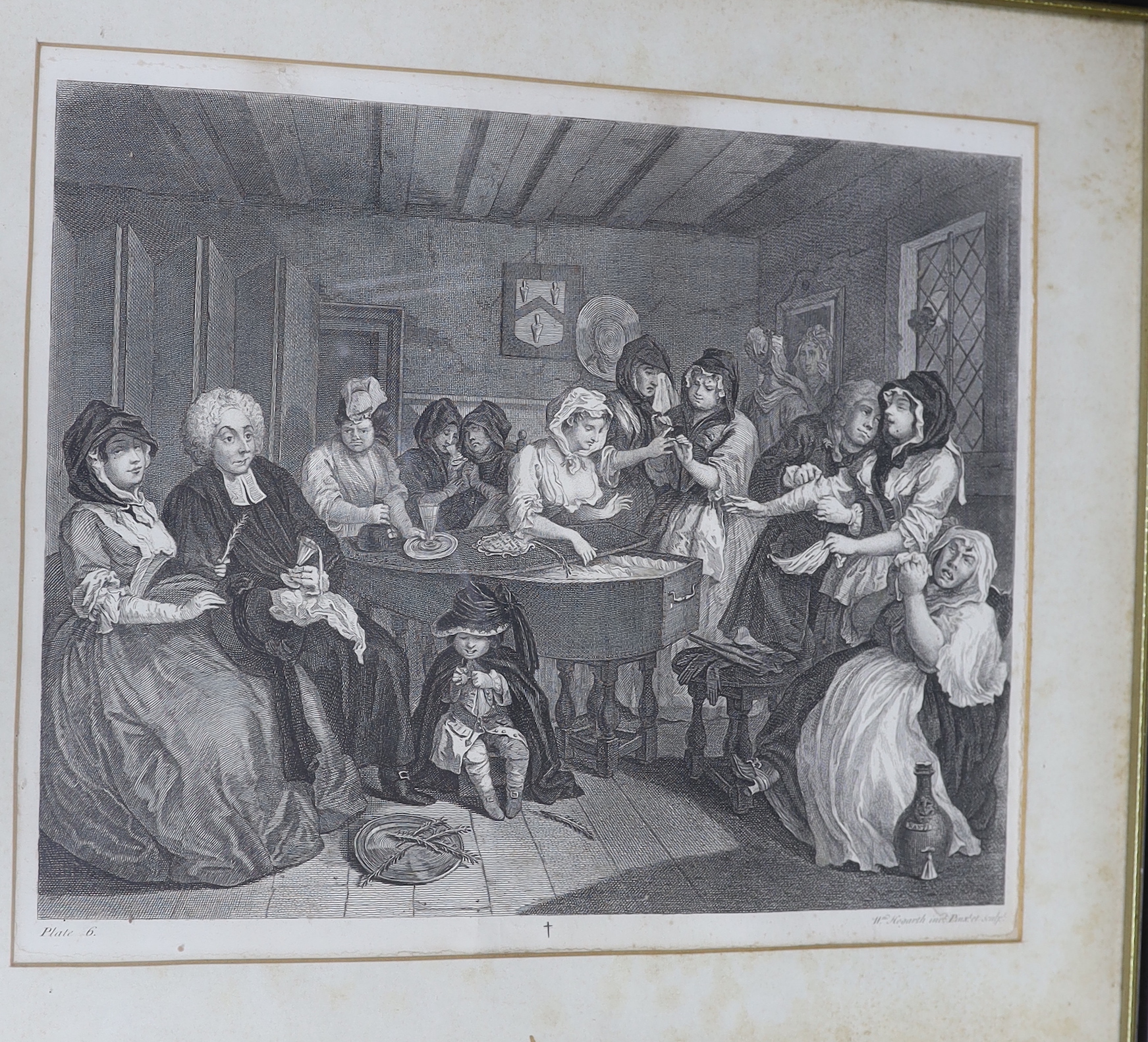 After William Hogarth (1697-1764), three satirical etchings including 'A Harlots Progress', Plate 1, 33 x 39cm
